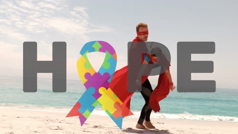 animación del mes de concienciación sobre el autismo símbolo con la palabra esperanza padre en superhéroe