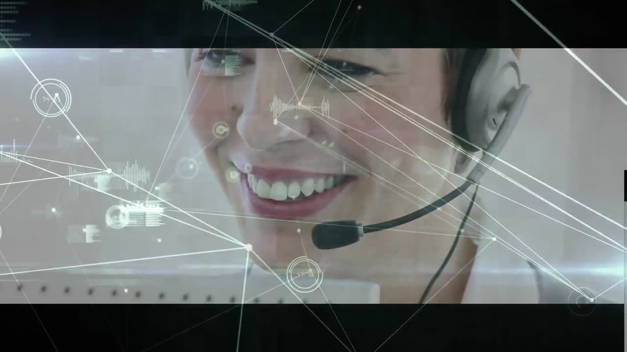 animación de personas de negocios que usan computadoras y auriculares telefónicos y red de conexiones