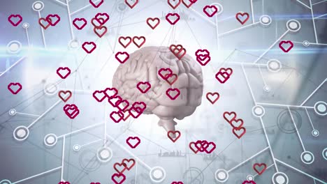 animación de corazones rojos, cerebro humano y red de conexiones