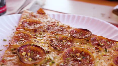 Delicious-pepperoni-and-cheese-pizza-slice-on-a-disposable-takeaway-paper-plate