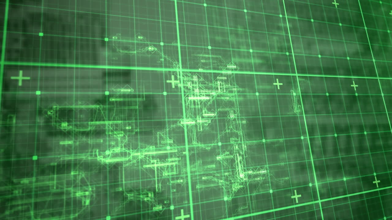 animación de una cuadrícula iluminada sobre un patrón abstracto verde en movimiento en el fondo