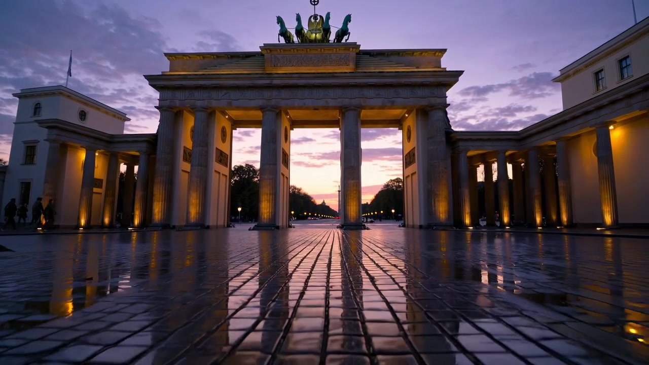 Majestætiske Brandenburger Tor i skumringen spejler sig i våde brosten