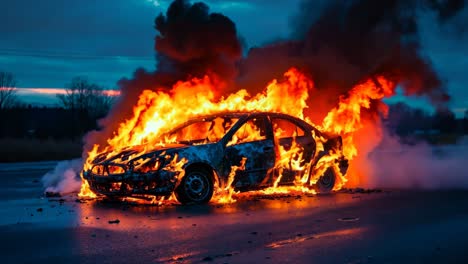 a burnt out car on fire on the side of the road