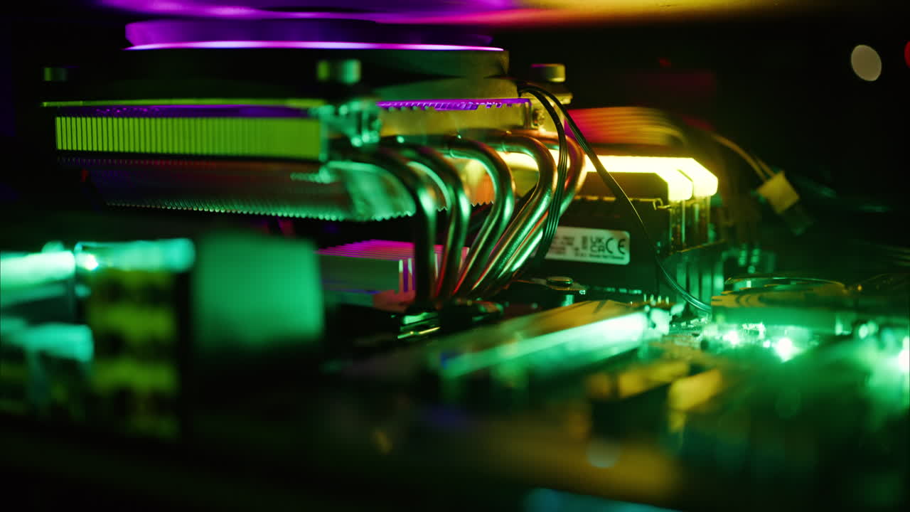 Close up of a server with flashing colourful lights in a data center