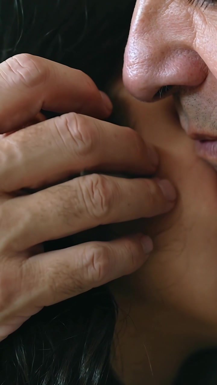 Vertical video: Leaning, man causing right hand sliding up her cheek for kiss at home, copy space