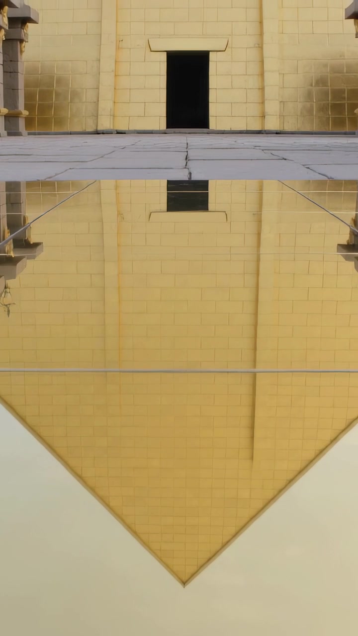 Video verticale: Jitter verticale che causa lo spostamento della faccia di una piramide su un piazzale, rivelando un ingresso buio.
