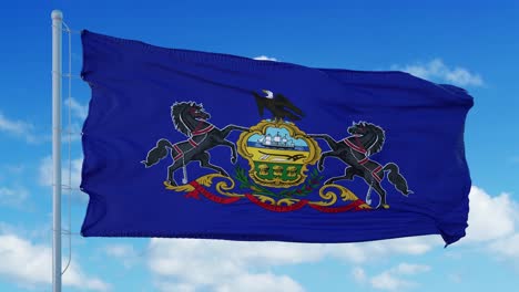 pennsylvania flag on a flagpole waving in the wind, blue sky background. 4k