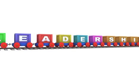 animation of a 3d train carrying leadership letters