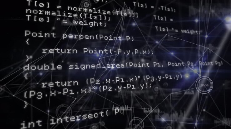 Animazione di linguaggio informatico su punti collegati e icone di grafici su sfondo nero