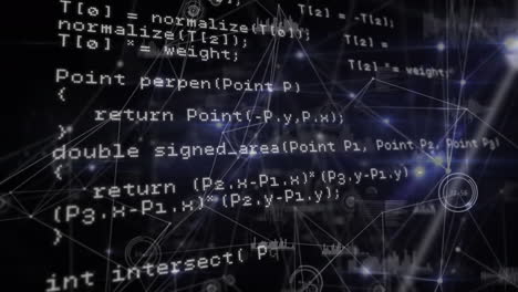 animation of computer language over connected dots and graph icons against black background