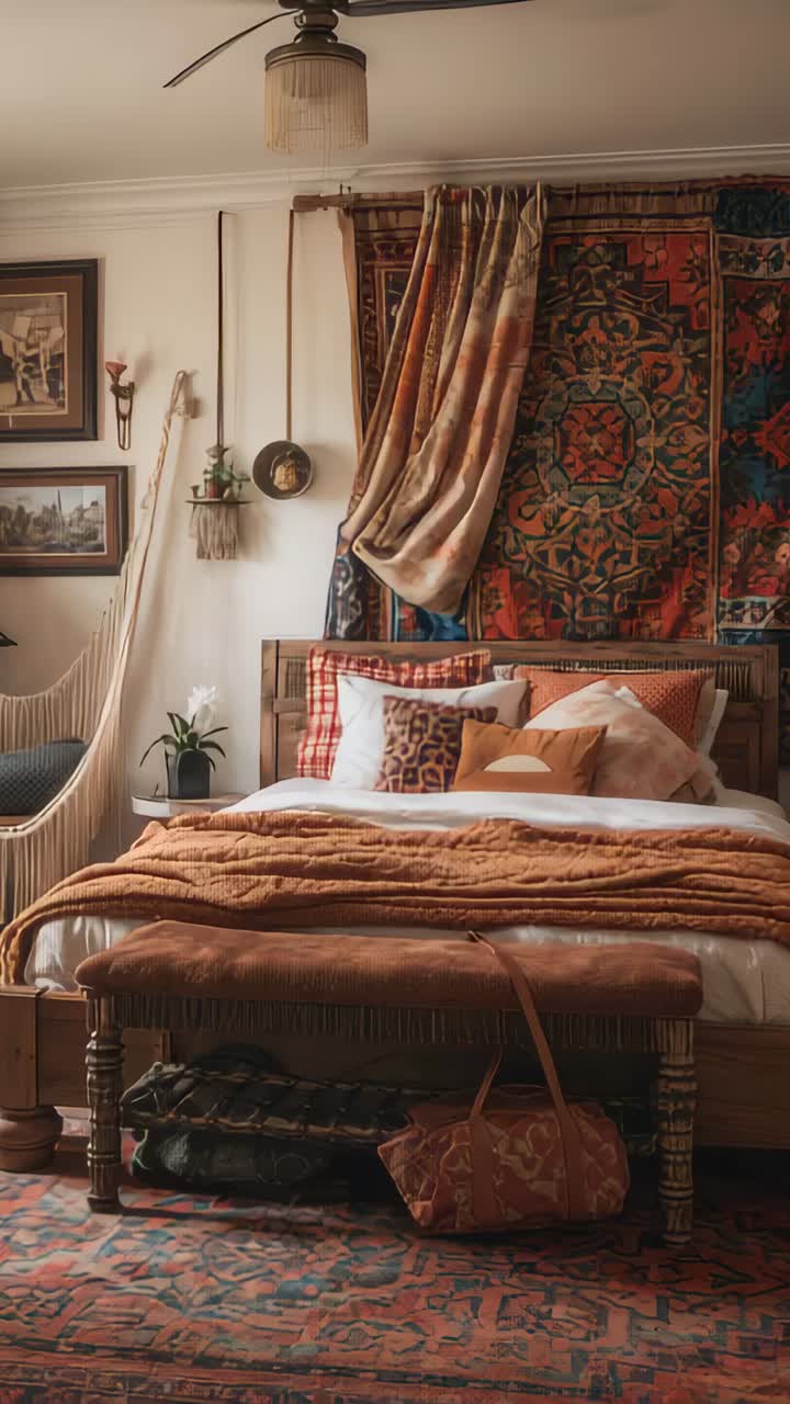Video verticale: telecamera scorrevole che rivela un letto con cuscini, una panca e delle borse in una camera da letto, mostrando l'arredamento