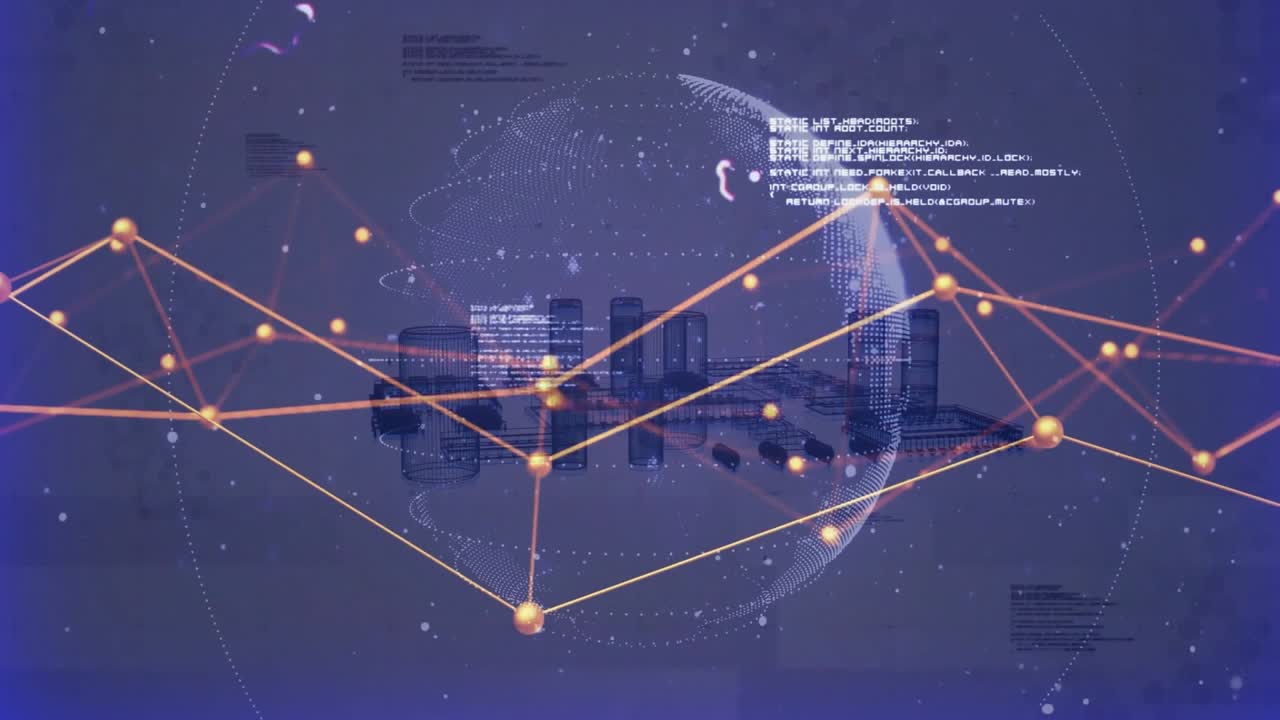 Wireframe globe appearing with pulsing nodes, scrolling code panels, visualizing data network