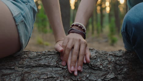 pareja de manos sentada en un tronco en el bosque novio y novia compartiendo conexión romántica en el bosque jóvenes amantes felices