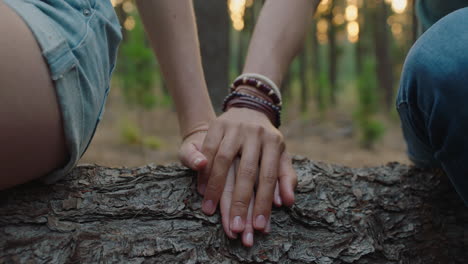 couple holding hands sitting on log in forest boyfriend and girlfriend sharing romantic connection in woods happy young lovers