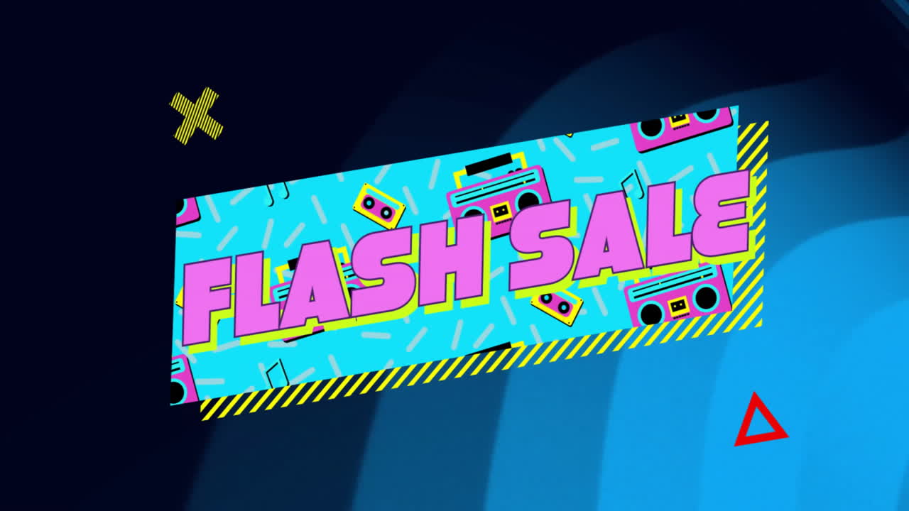 Animation of retro graphics with vibrant colors for flash sale on blue background