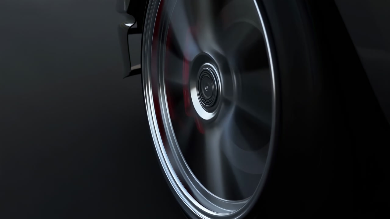 Close Up Spinning Alloy Wheel Sports Car, Cinematic Studio Shot With Motion Blur, Red Brake Caliper Glimpses,