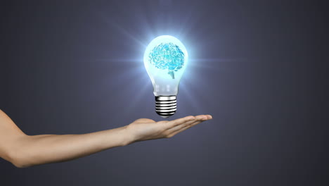 Hand presenting light bulb with brain