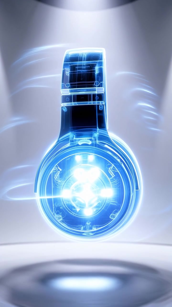Fones de ouvido futuristas giram de um perfil angulado para a frente em uma vitrine limpa prateada e branca, com iluminação azul elétrica, reflexos circulares e luz suave do alto.