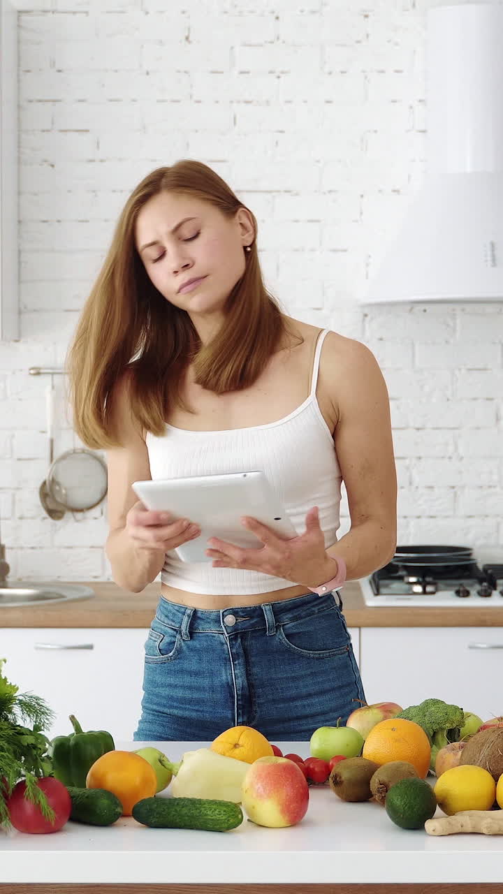 Girl with a tablet in her hands is looking for recipes for cooking healthy food. White kitchen with fruits and vegetables on the table. Vertical video