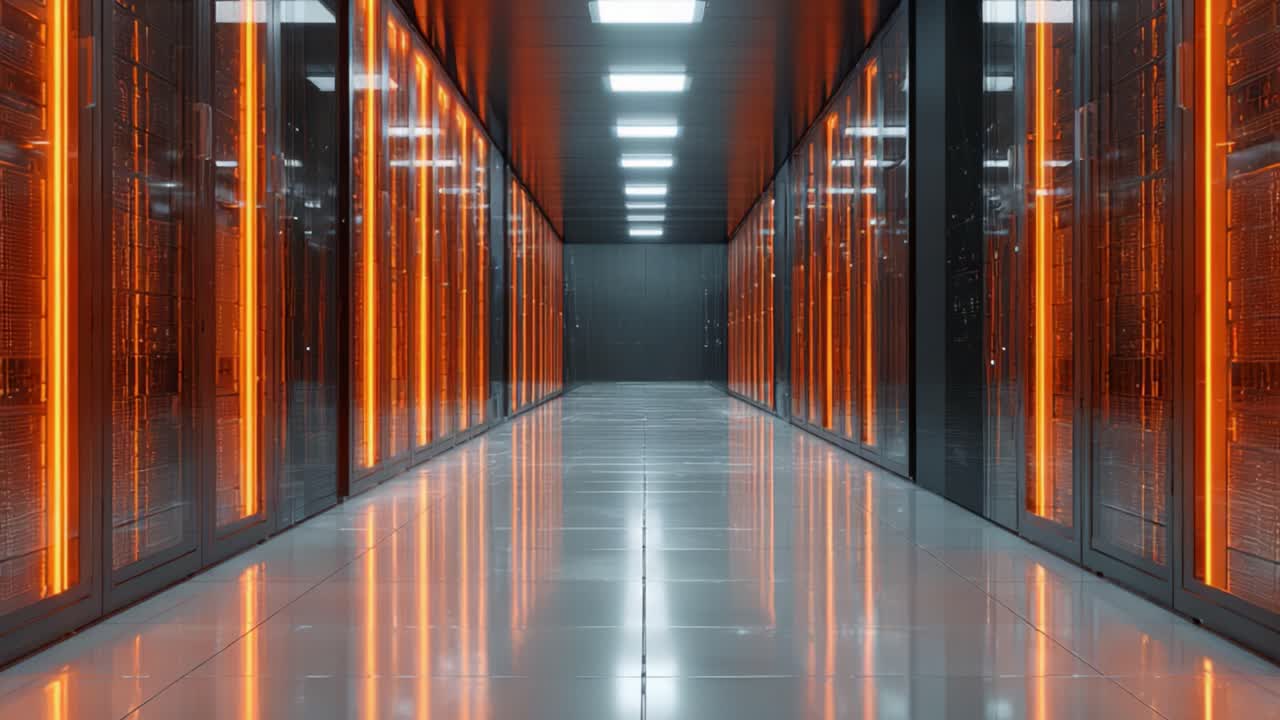En moderne datacentralkorridor med oplyste serverracks: Et kig ind i fremtiden inden for computing og teknologiinfrastruktur