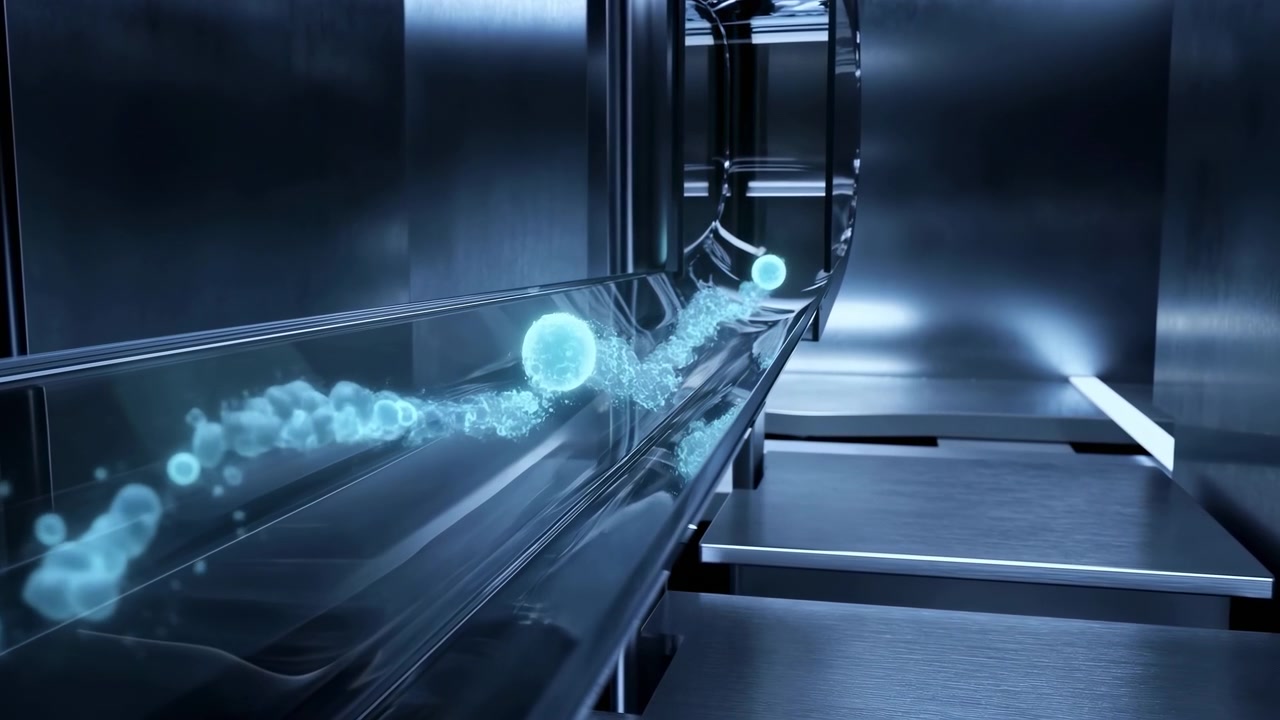 A sleek metallic tunnel or chamber is shown from a low side angle, with a stream of glowing blue particles moving through a transparent curved channel