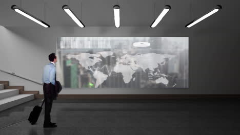 businessman looking at a screen showing a earth map with data