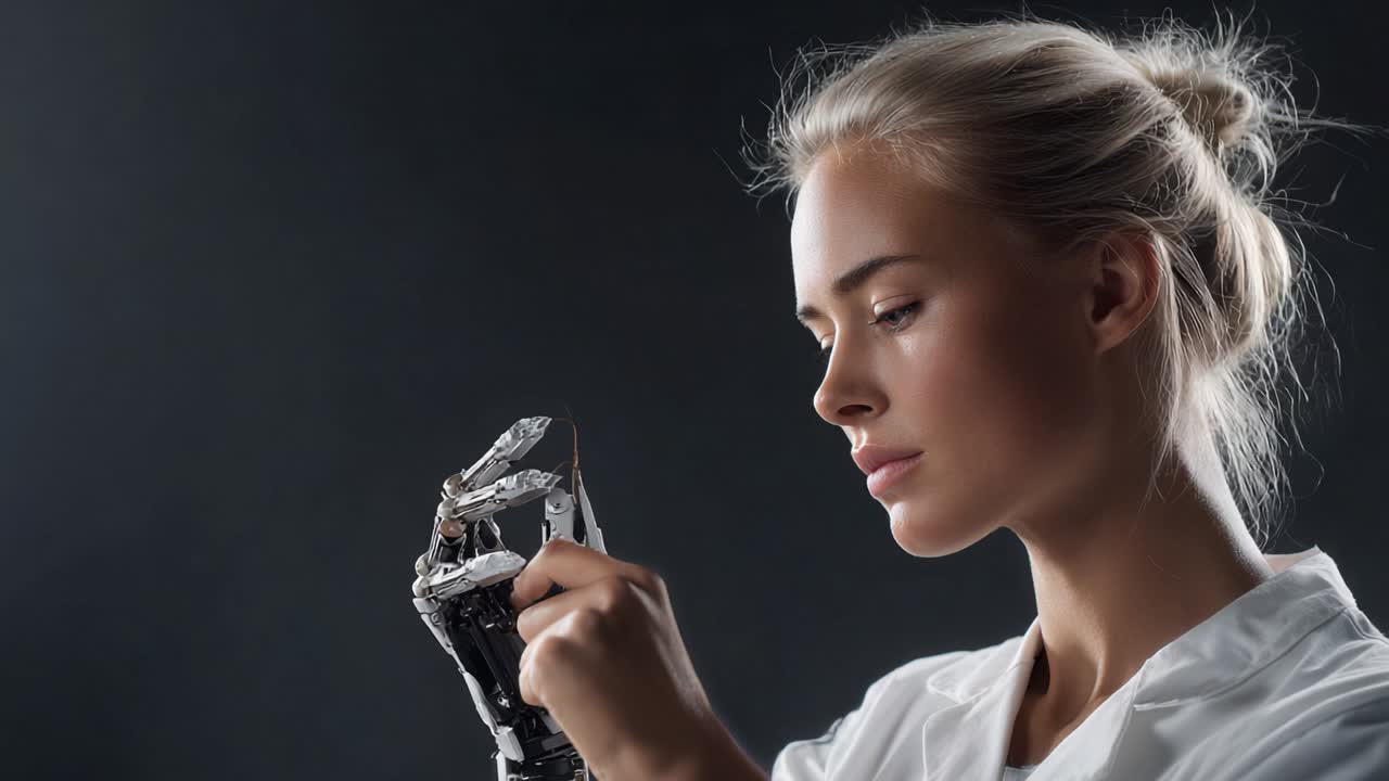 Una figura femminile esamina una mano robotica, mettendo in risalto l'intricata connessione tra umanità e tecnologia in un'era di innovazione e interazione avanzate.