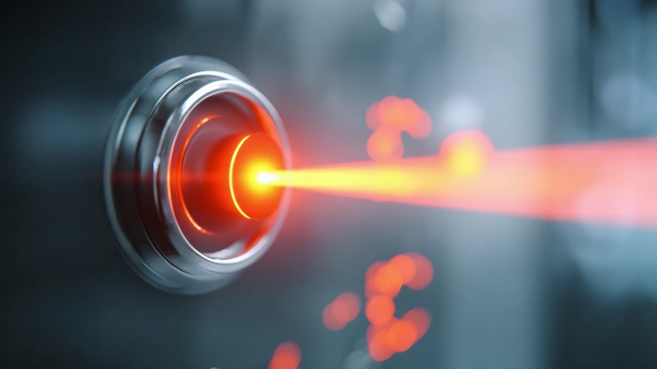 High-Tech Button Activating a Powerful Laser Beam in a Futuristic Setting Reflecting Advanced Technology and Engineering Innovation