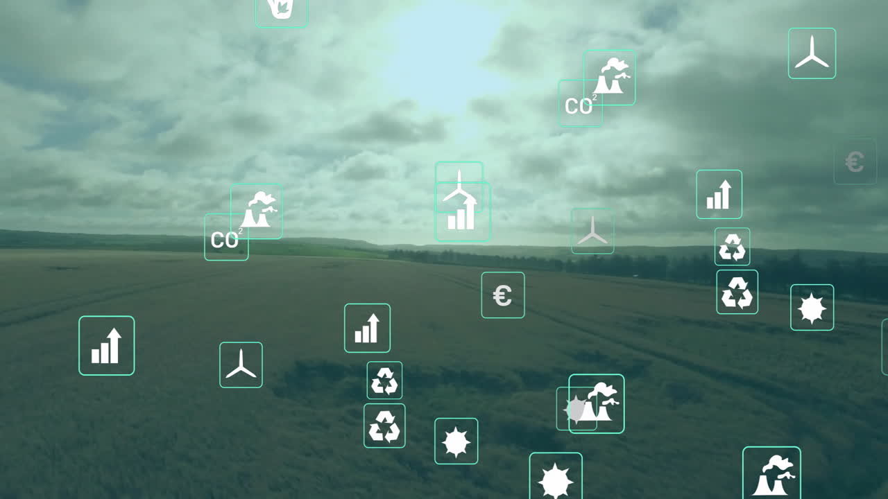 Agricultural field showing environmental analytics in elevated view, with green flat design icons