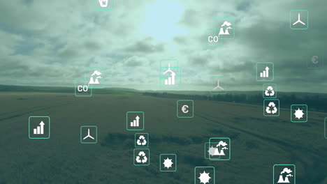 agricultural field showing environmental analytics in elevated view, with green flat design icons