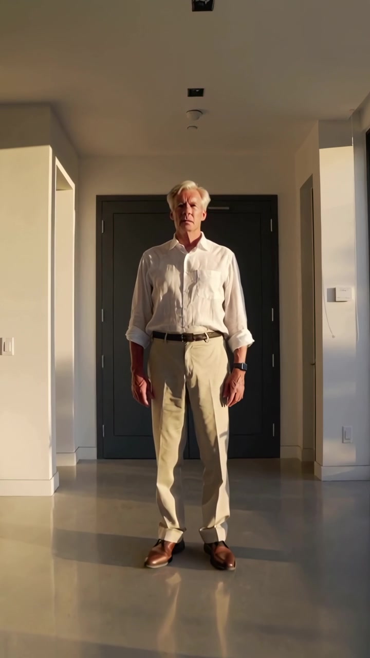 Video verticale: Uomo anziano in piedi con camicia bianca e pantaloni color cachi, la telecamera si avvicina per inquadrare la porta.