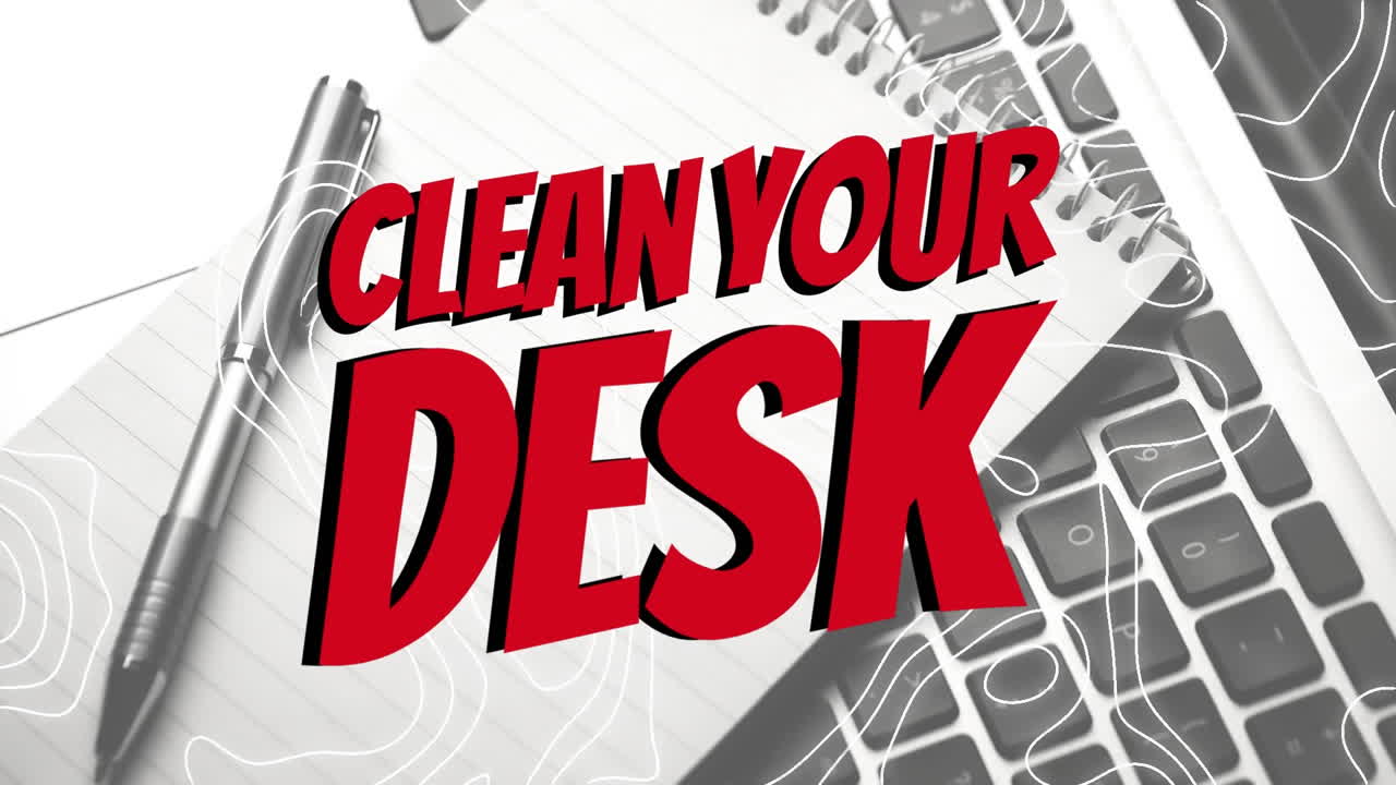 Animation of clean your desk text over white lines and laptop with notebook and pen