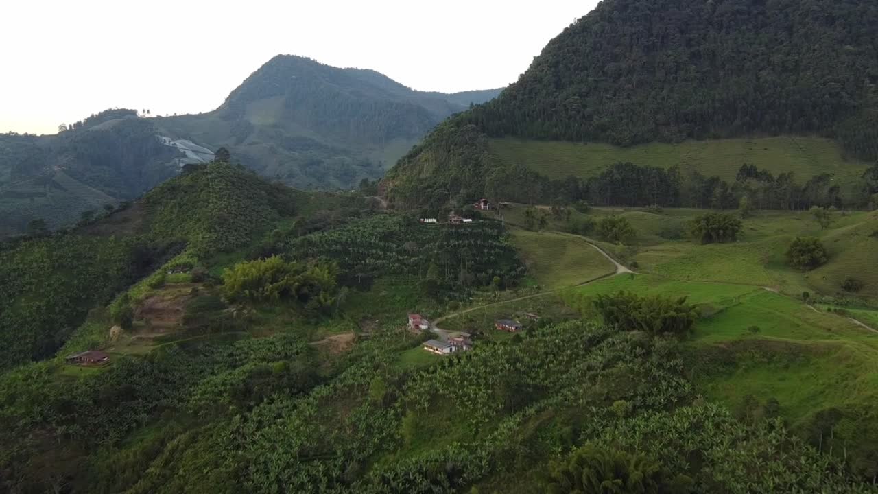 Aerial view of the lush and mountainous surroundings of the town Jard&iacute;n in the Andes mountain range in Colombia