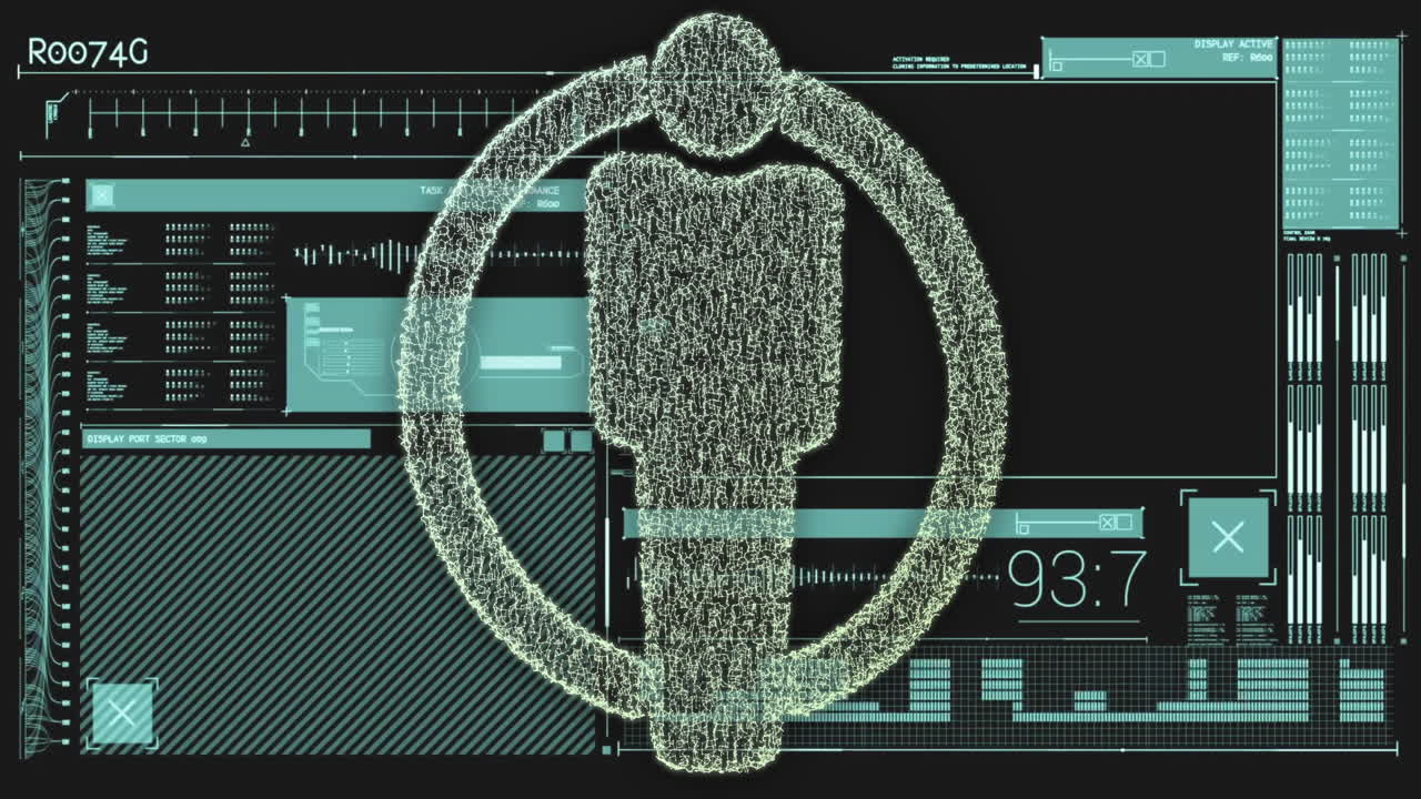 figura humana digital y animación de procesamiento de datos a través de una interfaz futurista