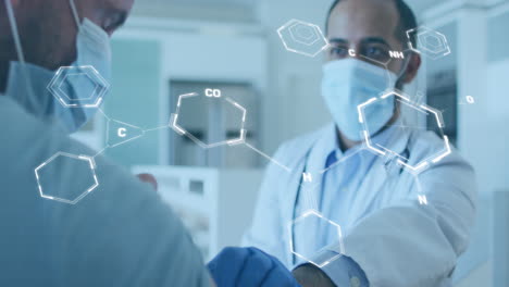 animation of chemical structures and data processing over biracial male doctor with face mask