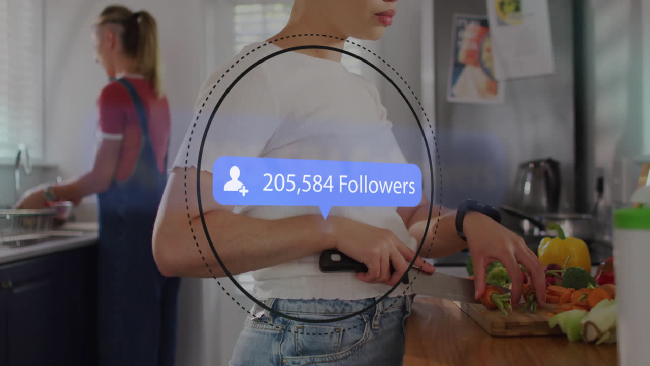 Chopping vegetables in kitchen, woman with 329,020 followers, animation overlay