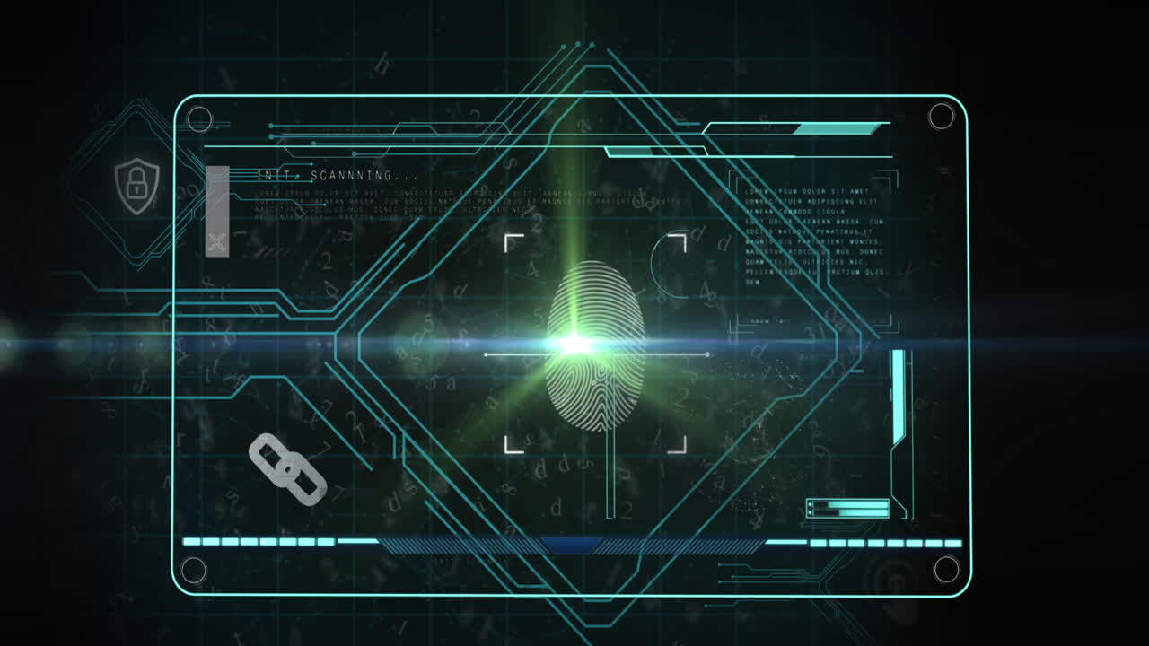 빛나는 컴퓨터 회로판에 데이터 처리 및 생체 측정 지문의 애니메이션