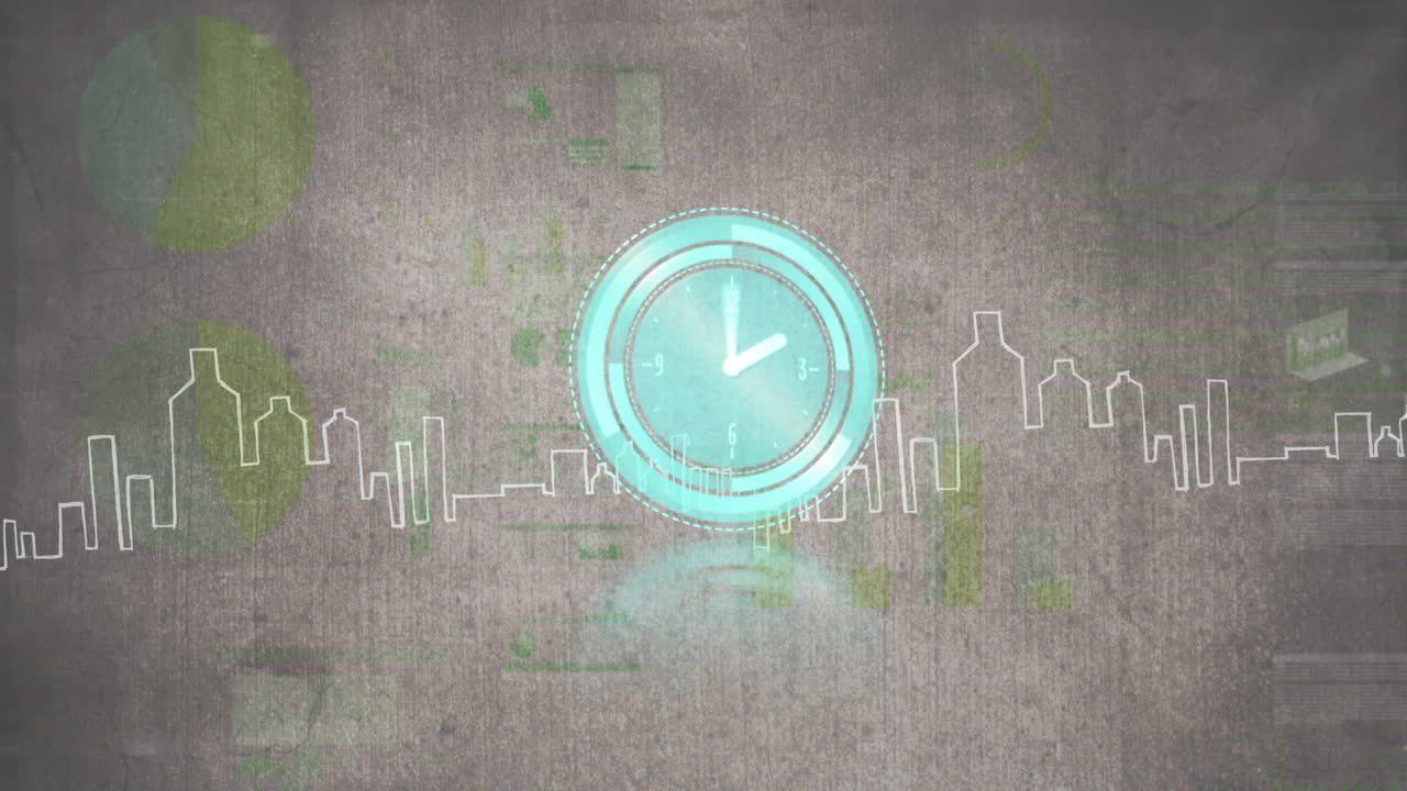 Animazione di orologio che si muove velocemente e statistiche con elaborazione dati su paesaggio urbano.