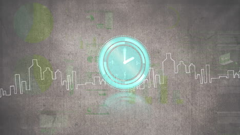 animación de reloj que se mueve rápido y estadísticas con procesamiento de datos sobre el paisaje urbano