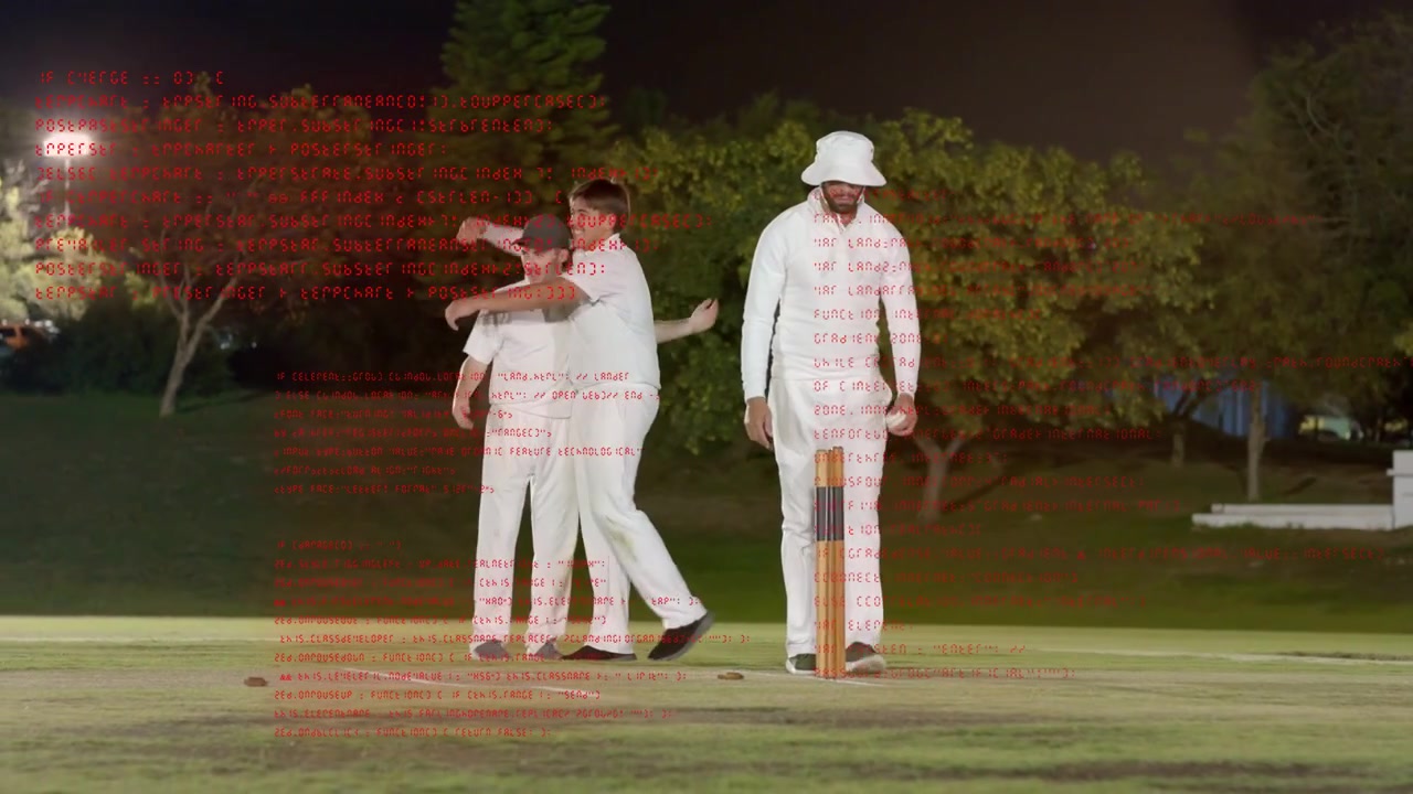 Høj markspiller samler bold op, mens dommeren løfter fingeren, gærdespiller går af banen, cricket hold fejrer.