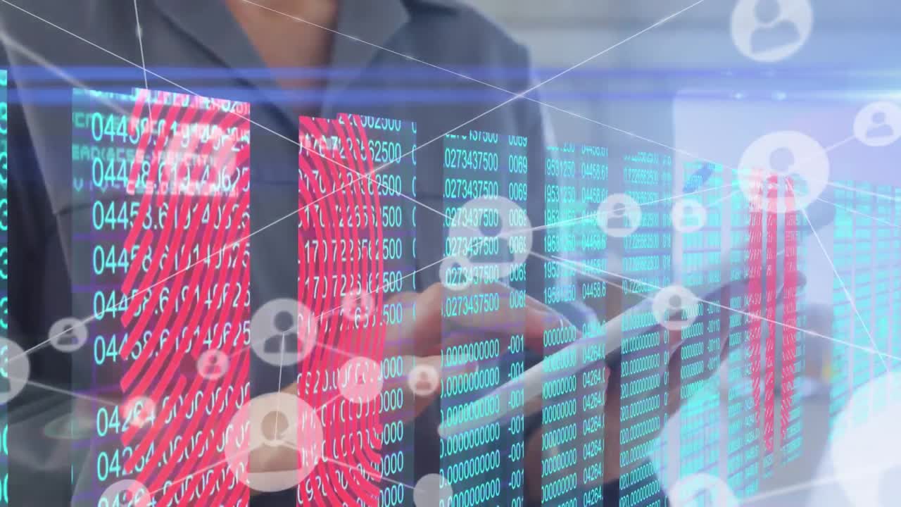 animación de la red de conexiones sobre mujer caucásica usando tableta