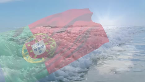 digital composition of waving portugal flag against sea waves on the beach