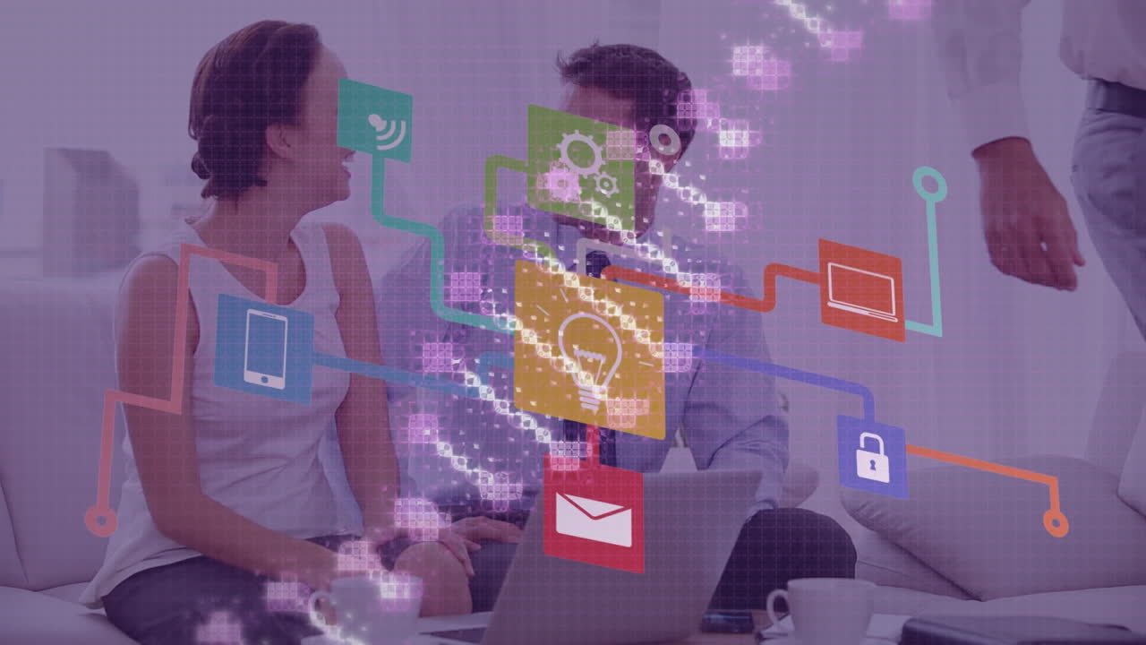 animación de la red de conexiones con iconos y cadenas de adn sobre diversas personas de negocios en la oficina