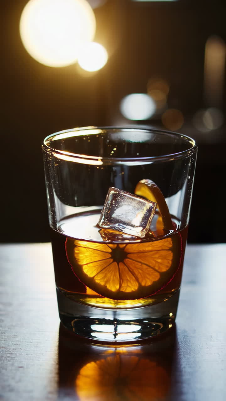 Glass of Whiskey Cocktail with Ice and Lemon