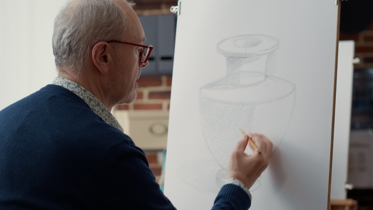 Elder student using pencil to sketch vase model on paper