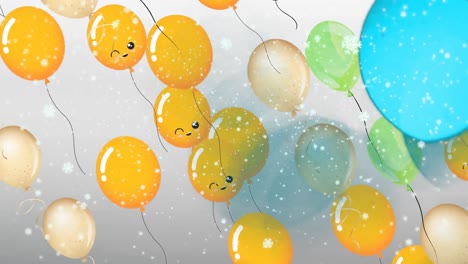Animation-of-balloons-flying-over-snow-falling-on-grey-background