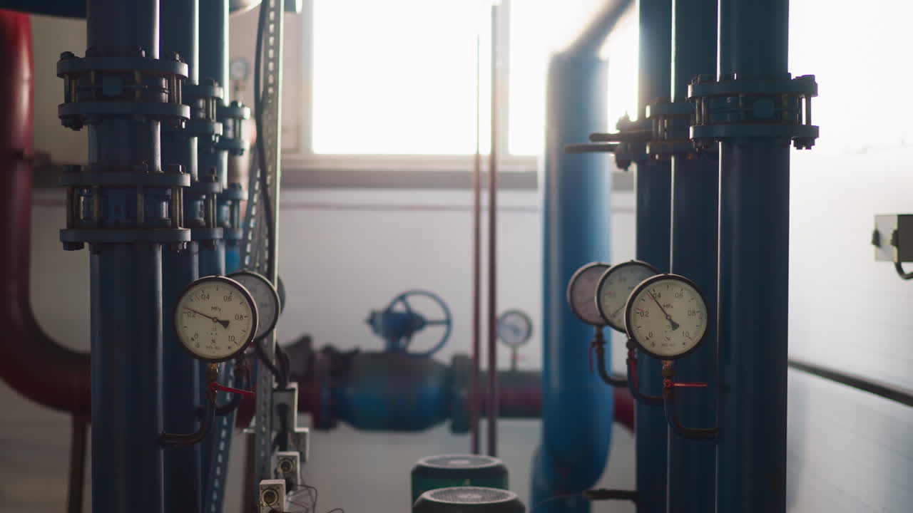 기계실에 미터와 함께 증기를 운반하는 파이프 라인