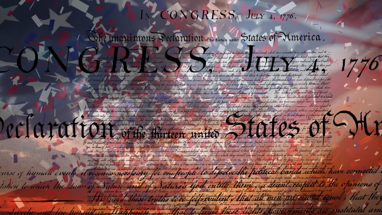 Written declaration of independence of the United States and flag with confetti