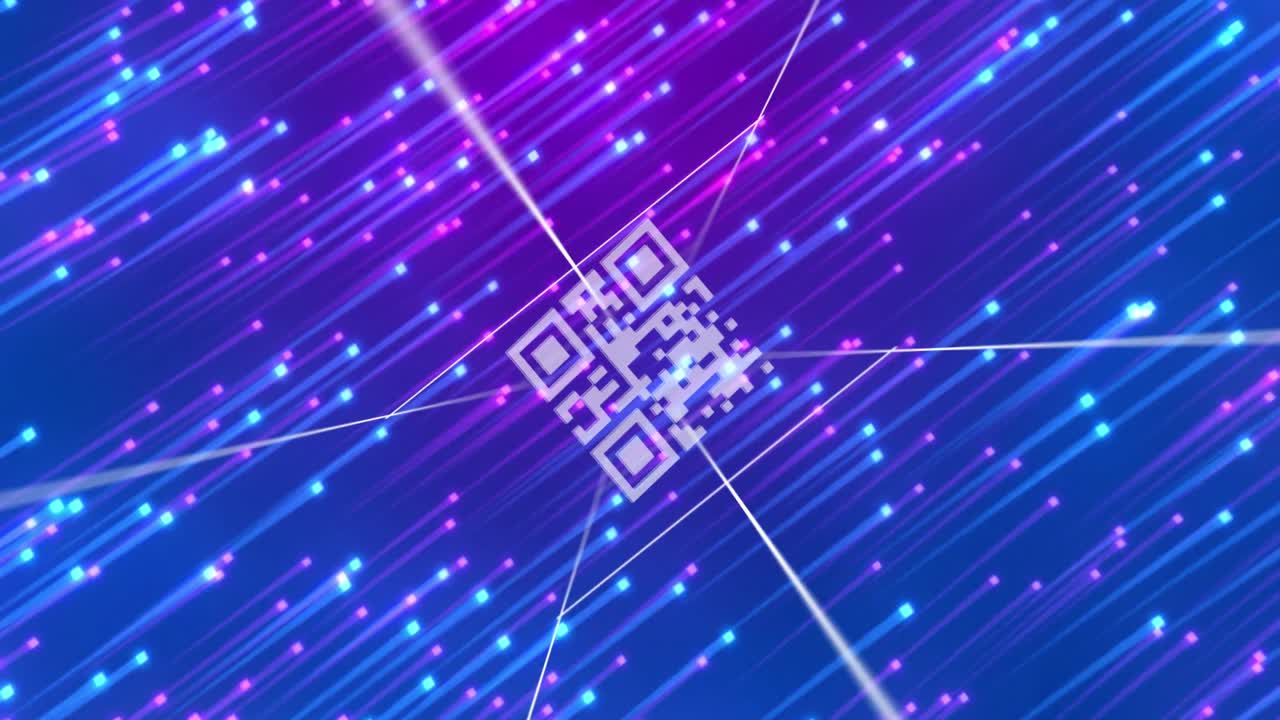 Animation of qr code over moving blue and pink lights