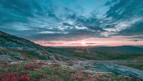 Una-Impresionante-Puesta-De-Sol-En-El-Oscuro-Cielo-Tormentoso-Sobre-Un-Paisaje-De-Tundra-Rocosa,-Con-Vibrantes-Flores-Silvestres-De-Color-Rojo-En-Primer-Plano.